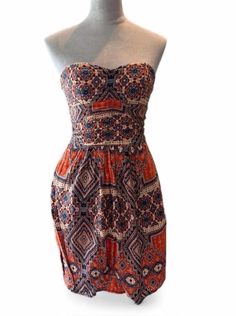 Xhilaration Strapless Orange & Navy Geometric Print Dress